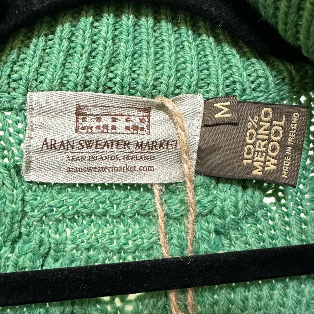 Aran Sweater Market Fisherman Merino Wool Cable Knit Zip Cardigan Green M NWT - Picture 4 of 14